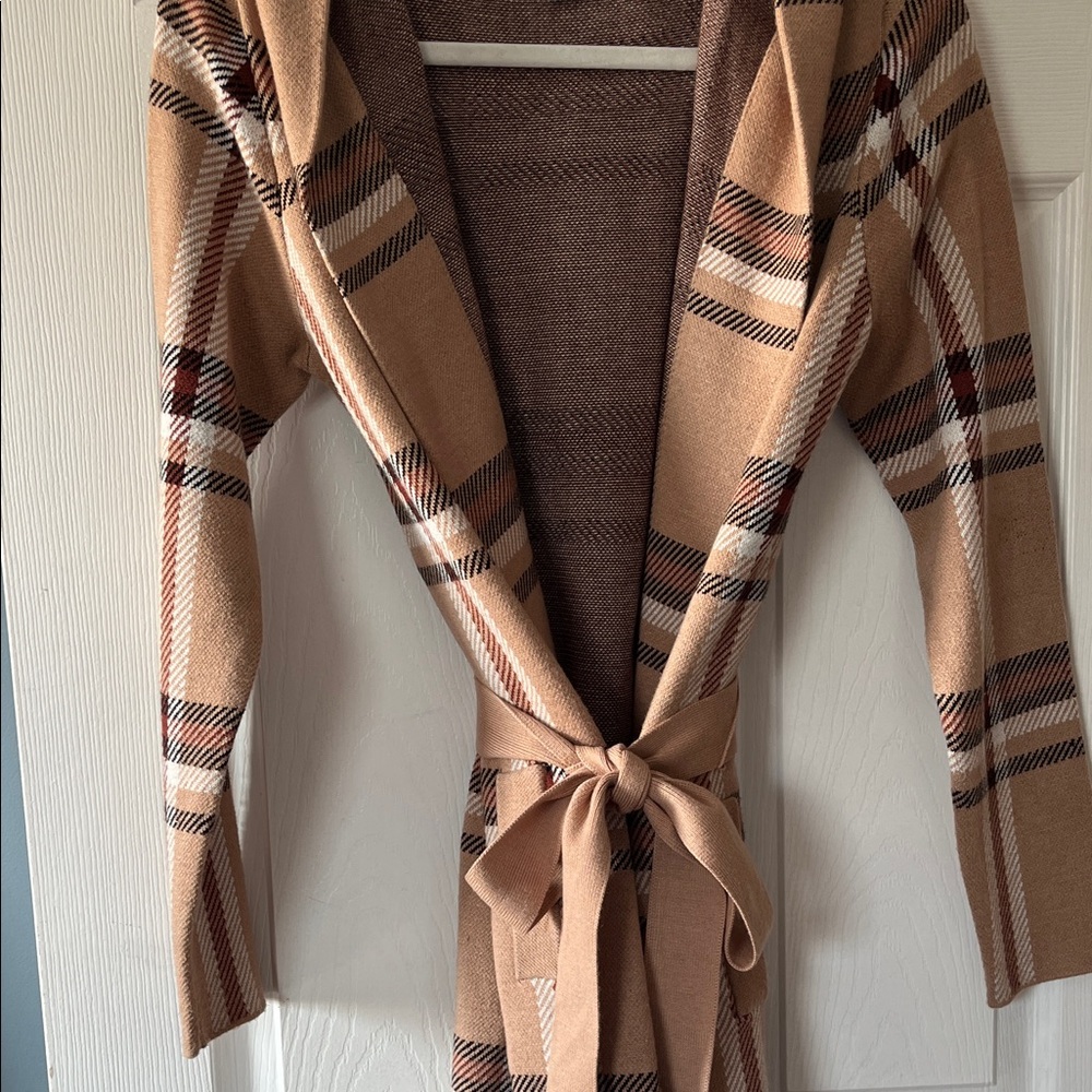Tahari Tan Plaid Belted Cardigan